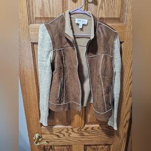 Women's Brown Suede Jacket with Cream Knit Sleeves